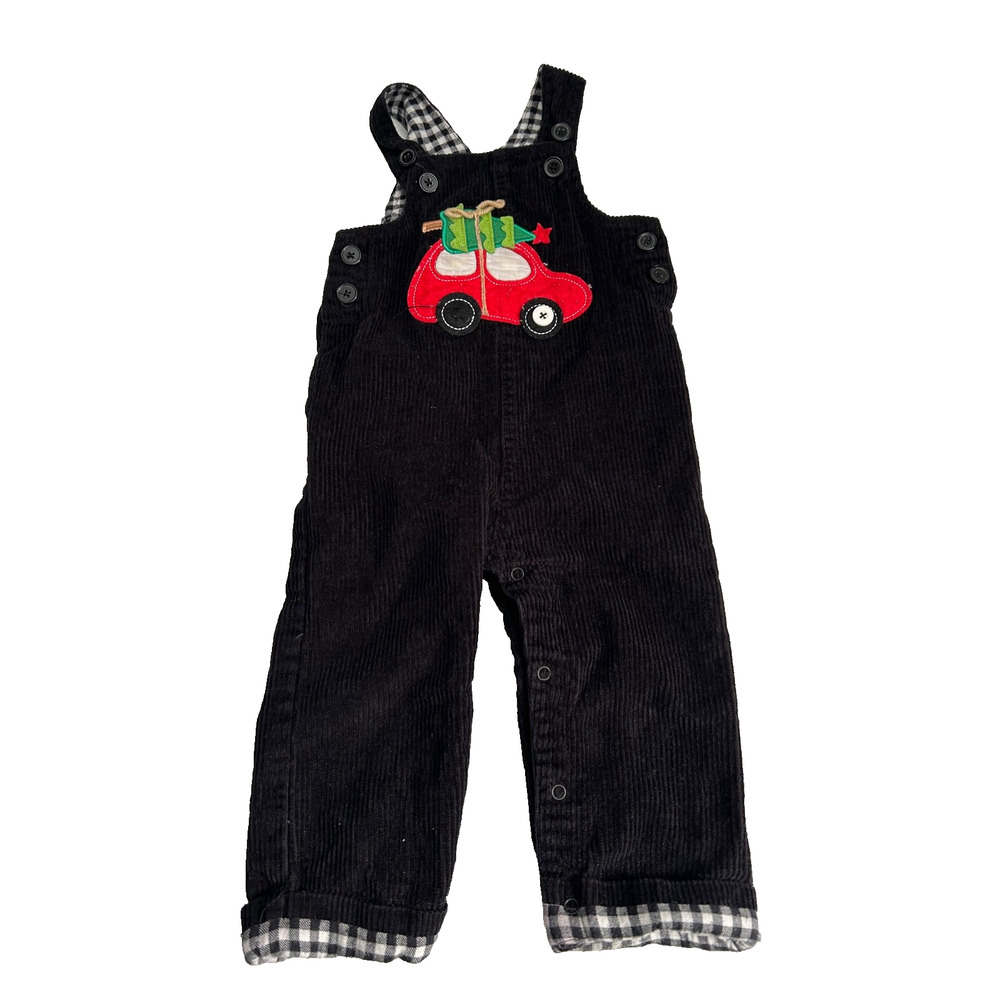 Mud Pie 12-18M Christmas Corduroy Black Overalls Applique Car Tree Buffalo Plaid